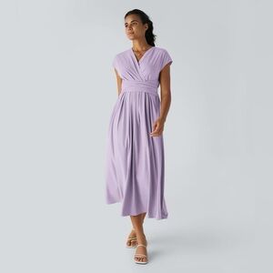 HALARA Lavender V Neck Short Sleeve Side Pocket Tie Back Quick Dry Midi Dress